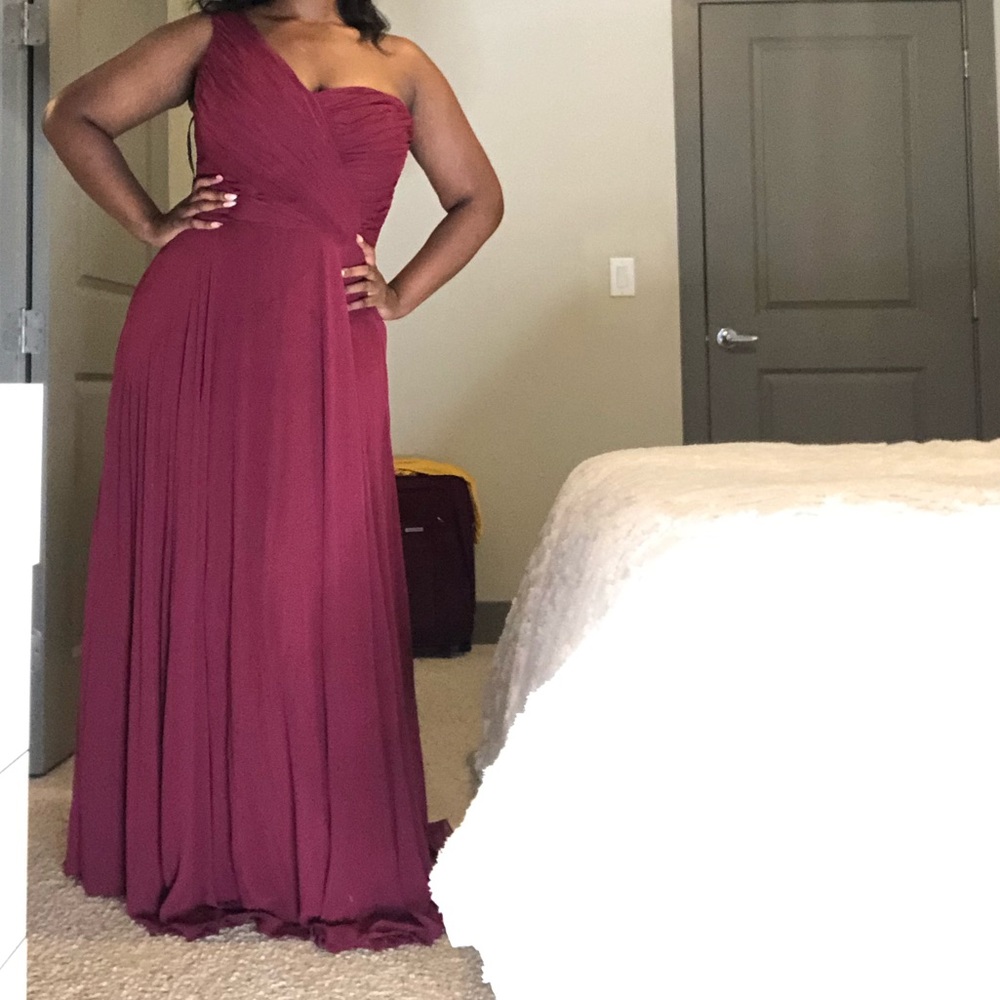 Burgundy one shouldered bridesmaids dress